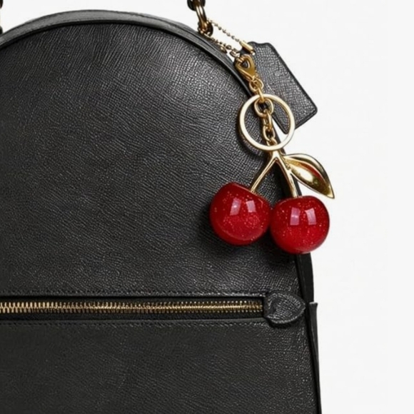 Cherry Keychain Bag Charm - Red And Gold Toned Accessory For Purse Backpack Gift - Picture 3 of 3